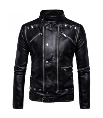 Men Motorcycle Jacket Gothic Black Leather Jacket Multi-Zip Biker Jacket